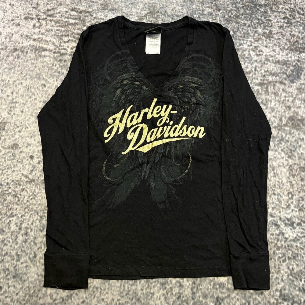 Harley Davidson Shirt Long Sleeve V-Neck Womens Small Black Wings Biker Y2K